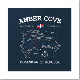 Dominican Republic Flag Travel Map Amber Cove Coordinates Roads Rivers and Oceans White Posters and Art